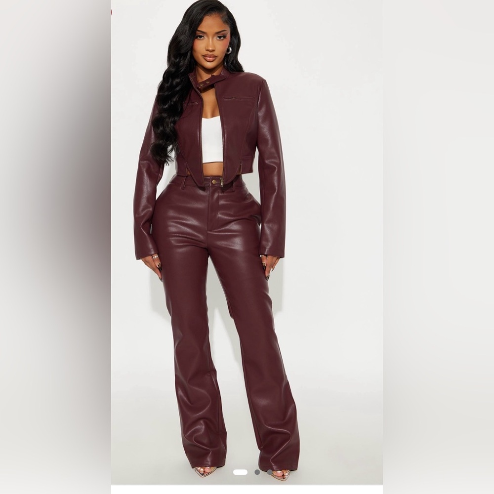 Burgundy Faux Leather Jacket and Pants Set
